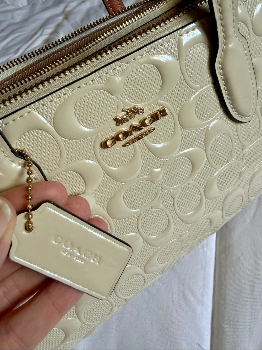 Coach Nina Small Tote CT854 Gold Chalk Signature Patent Leather Crossbody
